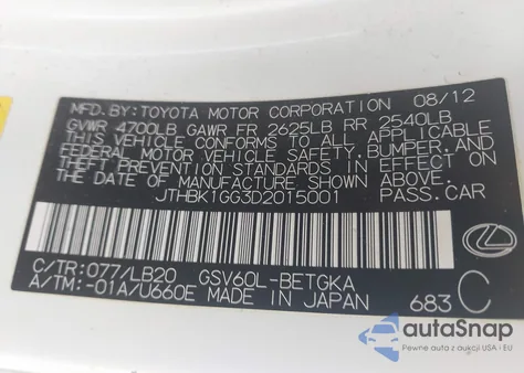 2013 Lexus Es 350 z USA, uszkodzony, nr VIN JTHBK1GG3D2015001